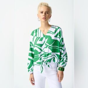 Joseph Ribkoff abstract womens blouse Size 10 green white tie front Office Vneck